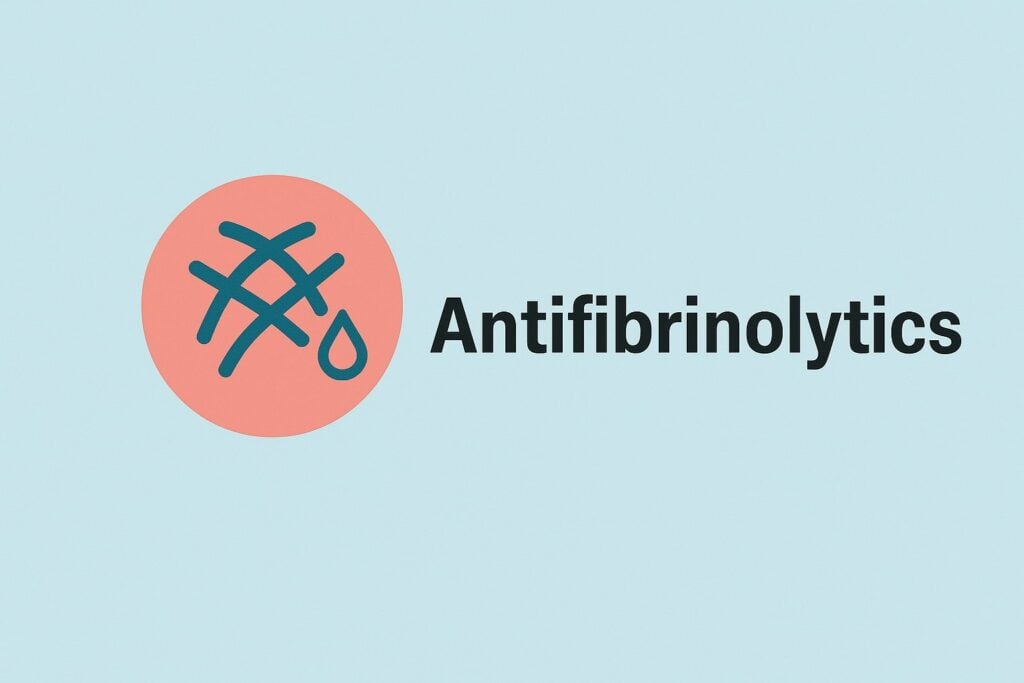 Flat medical illustration titled Antifibrinolytics, featuring a clot and droplet icon on a turquoise background, representing medications like tranexamic acid that stabilize airway bleeding.