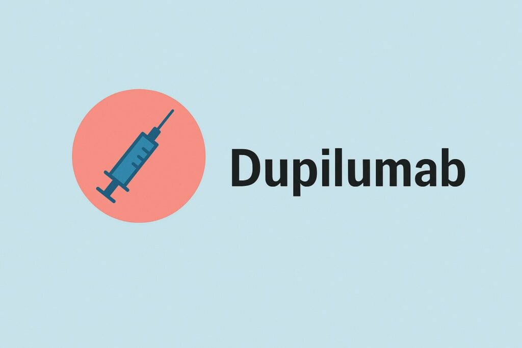 Clean digital illustration with the word “Dupilumab” and a syringe icon on a blue background, symbolizing biologic therapy that targets IL-4 and IL-13 pathways in severe asthma management.