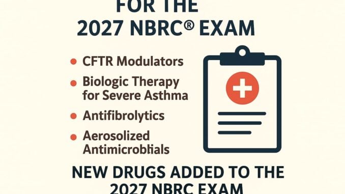 Flat digital graphic displaying the text “For the 2027 NBRC® Exam” with a list of four drug classes—CFTR Modulators, Biologic Therapy for Severe Asthma, Antifibrinolytics, and Aerosolized Antimicrobials—beside a medical clipboard icon.