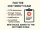 Flat digital graphic displaying the text “For the 2027 NBRC® Exam” with a list of four drug classes—CFTR Modulators, Biologic Therapy for Severe Asthma, Antifibrinolytics, and Aerosolized Antimicrobials—beside a medical clipboard icon.