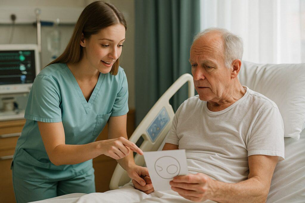 A young Caucasian female respiratory therapist in light scrubs calmly explains a procedure to an anxious male patient in a modern hospital room, demonstrating trauma-informed communication.