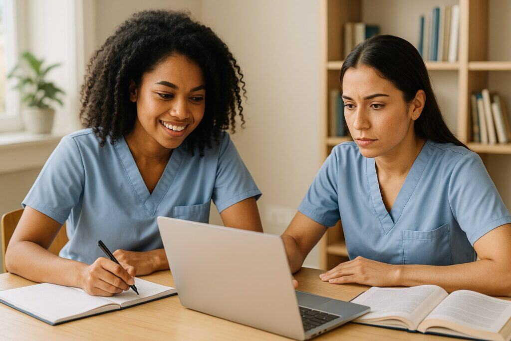 An African American and a Hispanic female respiratory therapy student wearing scrubs study together at a desk with books and a laptop, representing exam preparation in a bright academic setting.