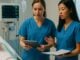 Two female healthcare professionals in blue scrubs review patient information together in a bright, modern ICU, standing beside a ventilated patient with monitors and medical equipment in the background.