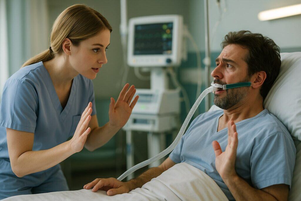 A ventilated male ICU patient reacts fearfully while a female respiratory therapist pauses and reassures him, with an endotracheal tube secured using a Hollister-style tube holder and connected to a ventilator in a modern hospital room.