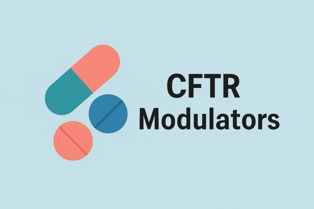 Minimalist medical graphic labeled CFTR Modulators, showing stylized pills on a light blue background, representing medications used to correct CFTR protein defects in cystic fibrosis.