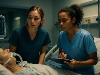 wo young female respiratory therapy interns in blue scrubs stand beside a ventilated patient in an ICU, reviewing monitor data and discussing a treatment plan. The lighting is cinematic, with realistic hospital equipment and a calm, focused atmosphere.