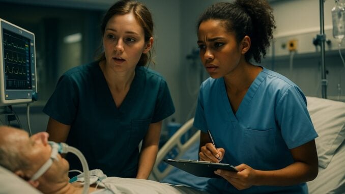 wo young female respiratory therapy interns in blue scrubs stand beside a ventilated patient in an ICU, reviewing monitor data and discussing a treatment plan. The lighting is cinematic, with realistic hospital equipment and a calm, focused atmosphere.