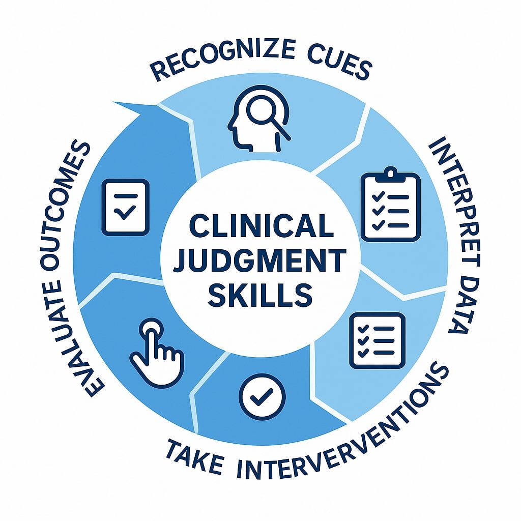 Infographic showing circular clinical judgment skills wheel: cues, interpretation, priority, action, evaluation.