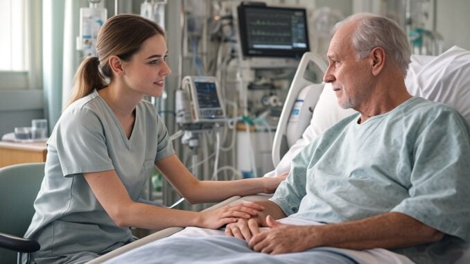 A young Caucasian female respiratory therapist in light scrubs sits beside an anxious male ICU patient, offering reassurance in a modern hospital room with monitors and equipment in the background.
