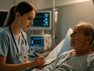 A cinematic, photorealistic image of a respiratory therapist assessing an elderly male patient in the ICU, reviewing his status while monitors and oxygen equipment are visible in the background.
