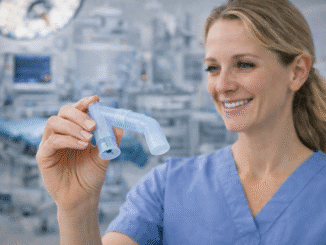 Respiratory therapist holding a MUNODA multifunction nebulizer and oxygen delivery adapter in a clinical hospital setting.