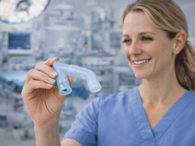 Respiratory therapist holding a MUNODA multifunction nebulizer and oxygen delivery adapter in a clinical hospital setting.