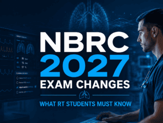 Respiratory therapist reviewing ventilator waveforms and clinical decision data on a digital screen with headline “NBRC 2027 Exam Changes – What RT Students Must Know.”