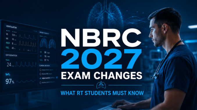 Respiratory therapist reviewing ventilator waveforms and clinical decision data on a digital screen with headline “NBRC 2027 Exam Changes – What RT Students Must Know.”