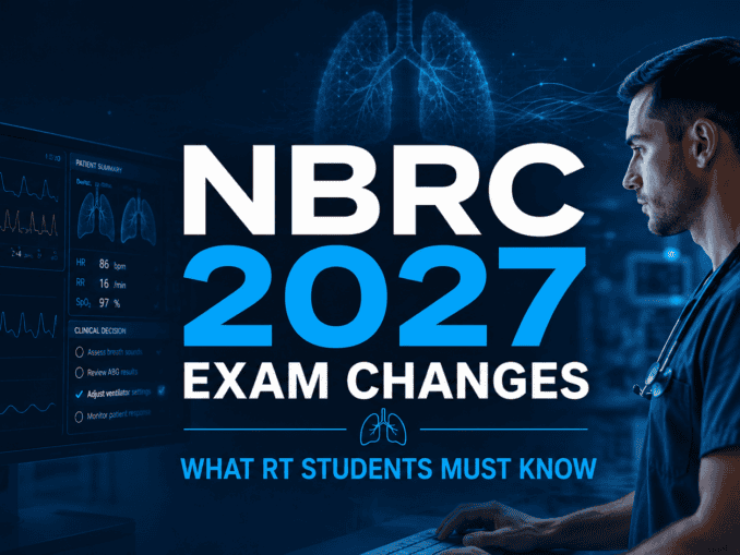 Respiratory therapist reviewing ventilator waveforms and clinical decision data on a digital screen with headline “NBRC 2027 Exam Changes – What RT Students Must Know.”